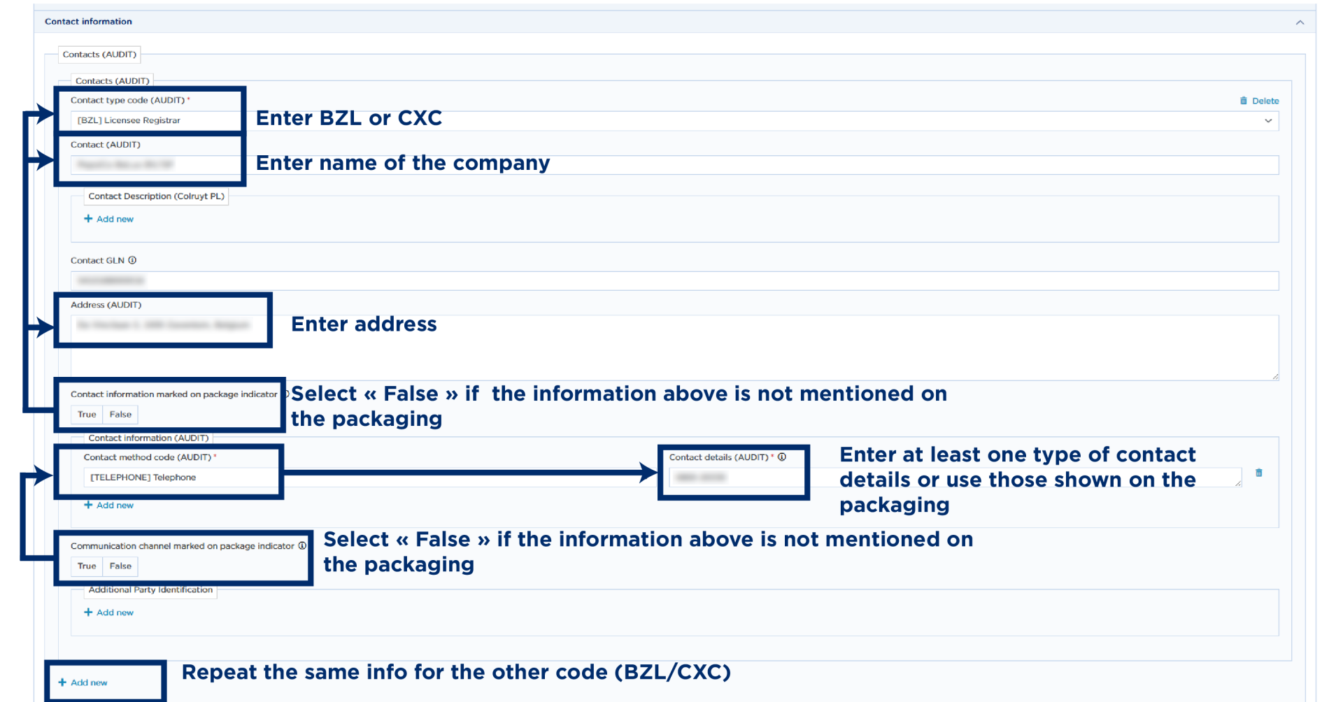 Contactinformatie screenshot