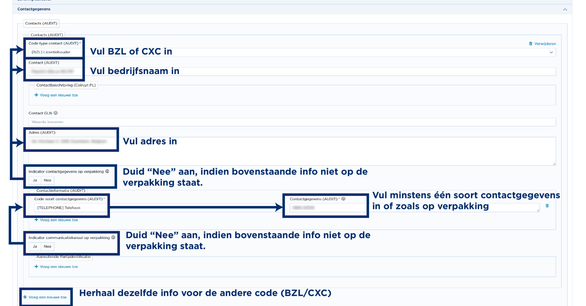 Contactinformatie screenshot